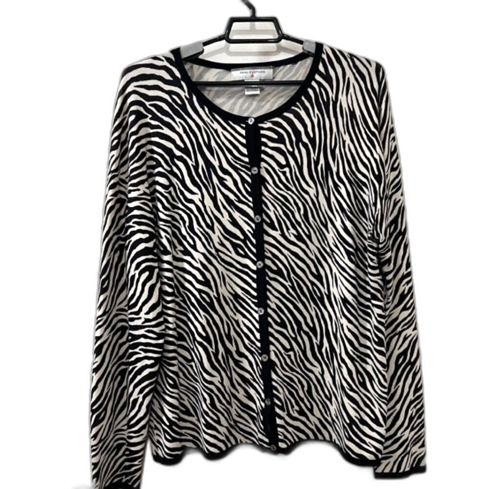 Real Clothes Black White Animal Zebra Print Silk Nylon Blend Cardigan Size M
